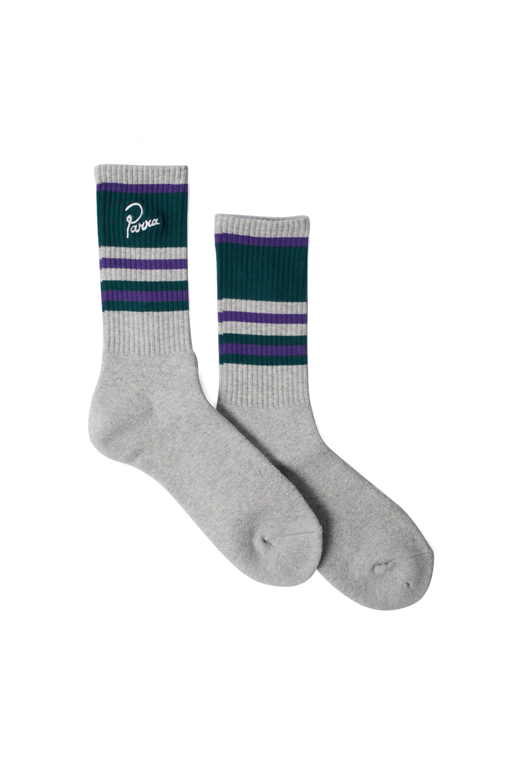 Studio flat lay pair of By Parra Signature Striped Crew Socks in heather grey, made in Japan with premium ribbed cotton blend, featuring retro athletic horizontal stripes in teal green and purple, a cushioned footbed, and white cursive embroidered Parra signature script branding on the upper ribbed cuff.