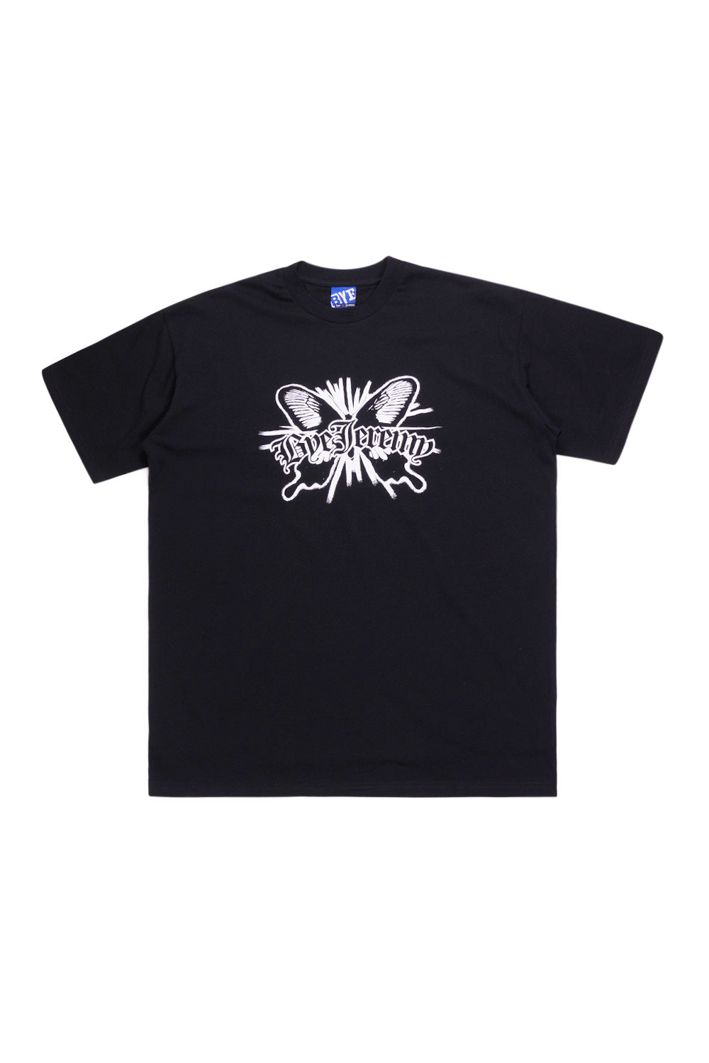 Bye Jeremy Loco T-Shirt Black front view showing heavyweight cotton black tee with white screen-printed butterfly logo – Parisian skate streetwear design.