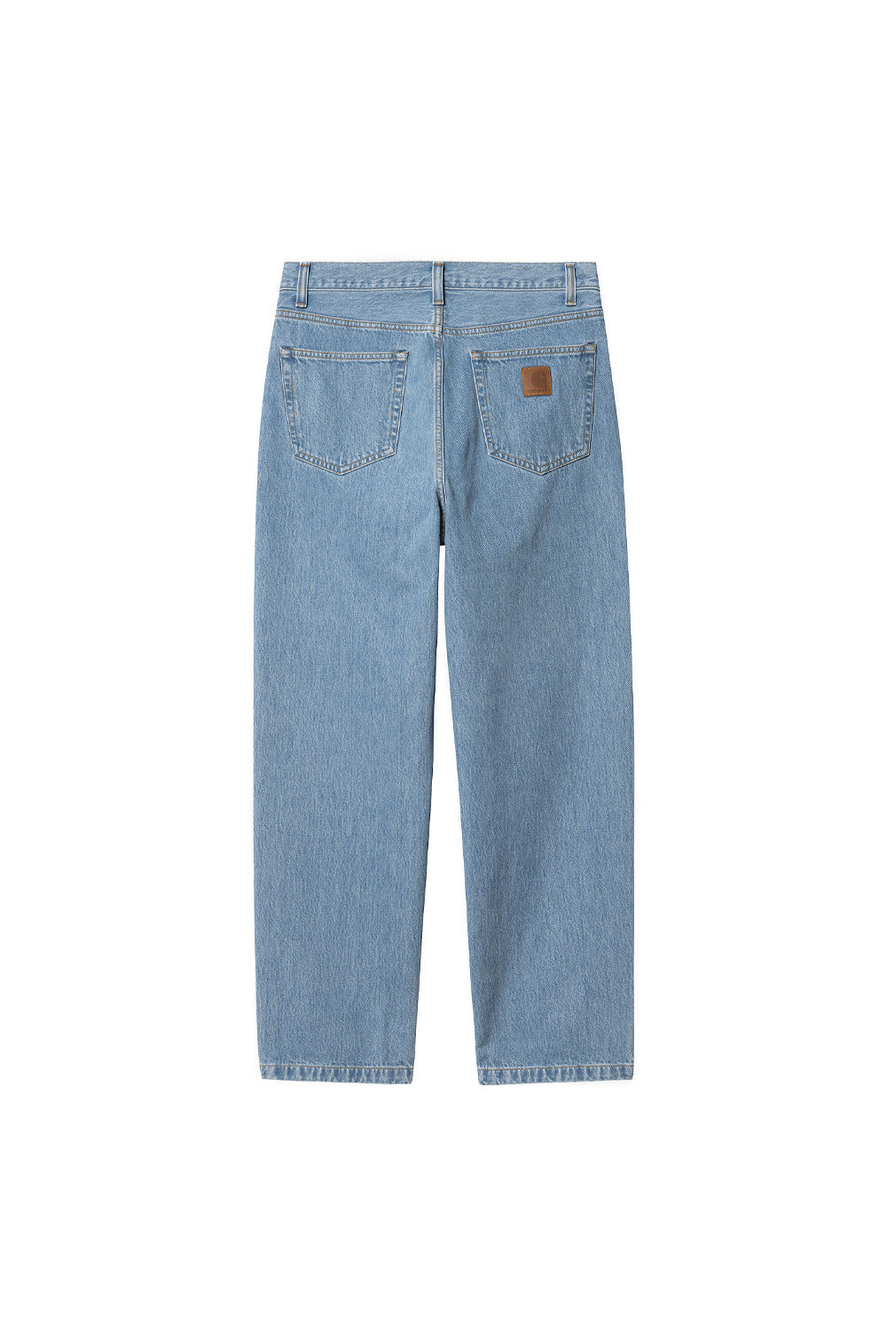 "Rückansicht der Carhartt WIP Aaron Pant in Blue Stone Bleached – klassische Denim-Hose mit verstärkten Nähten und aufgesetzten Gesäßtaschen"