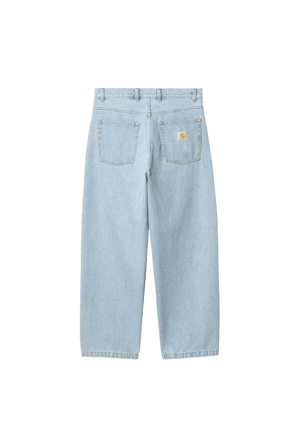 "Rückansicht der Carhartt WIP Brandon Baggy Pant in Blue Heavy Stone Bleached – quadratisches gewebtes Label und Rückenpasse sichtbar"