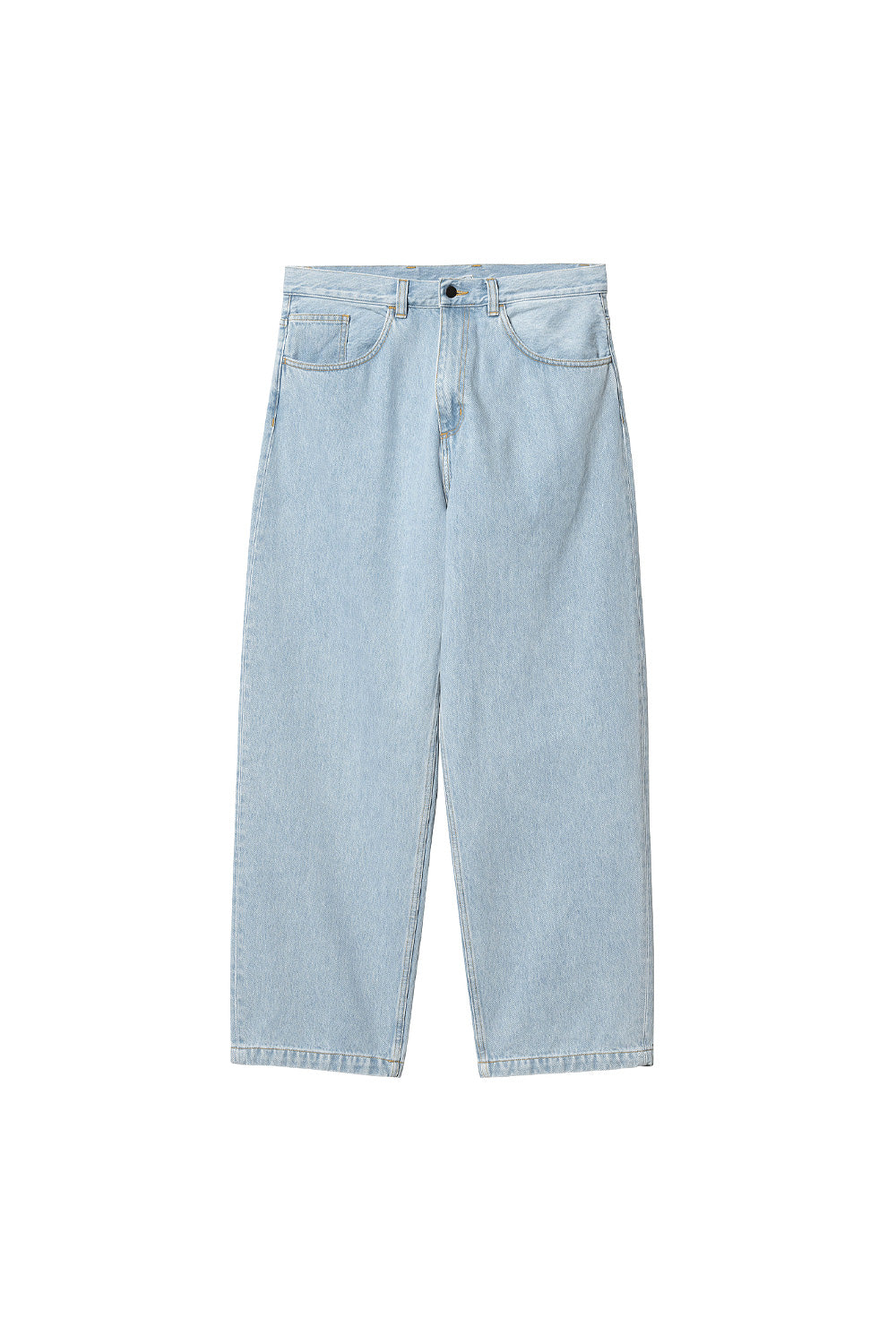 "Carhartt WIP Brandon Baggy Pant in Blau, Heavy Stone Bleached – Vorderansicht mit lockerem, geradem Schnitt und tiefem Schritt"