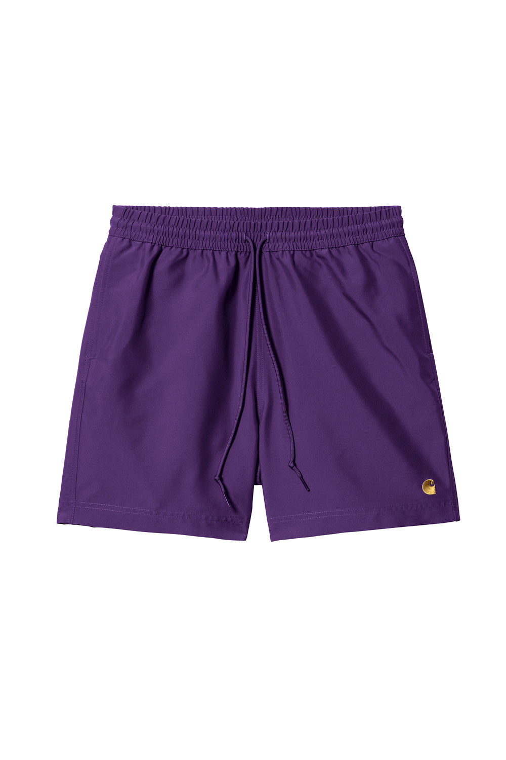 "Vorderansicht der Carhartt WIP Chase Swim Trunks in Tyrian Gold – leichte und schnell trocknende Shorts mit elastischem Bund und Kordelzug"
