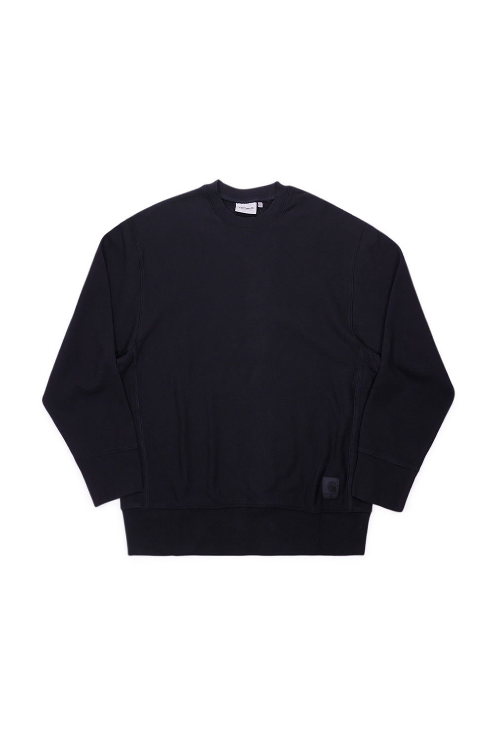 "Vorderansicht des Carhartt WIP Dawson Sweatshirts in Schwarz – minimalistisches Design mit geripptem Kragen, Bündchen und Saum"