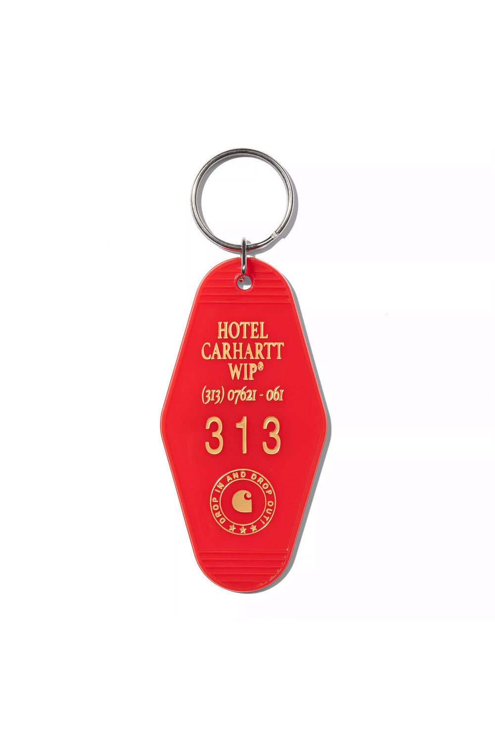 "Rückansicht des Carhartt WIP Hotel Keys Keychain in Scarlet – minimalistische Gravur und schlankes Design für stilvolle Funktionalität"