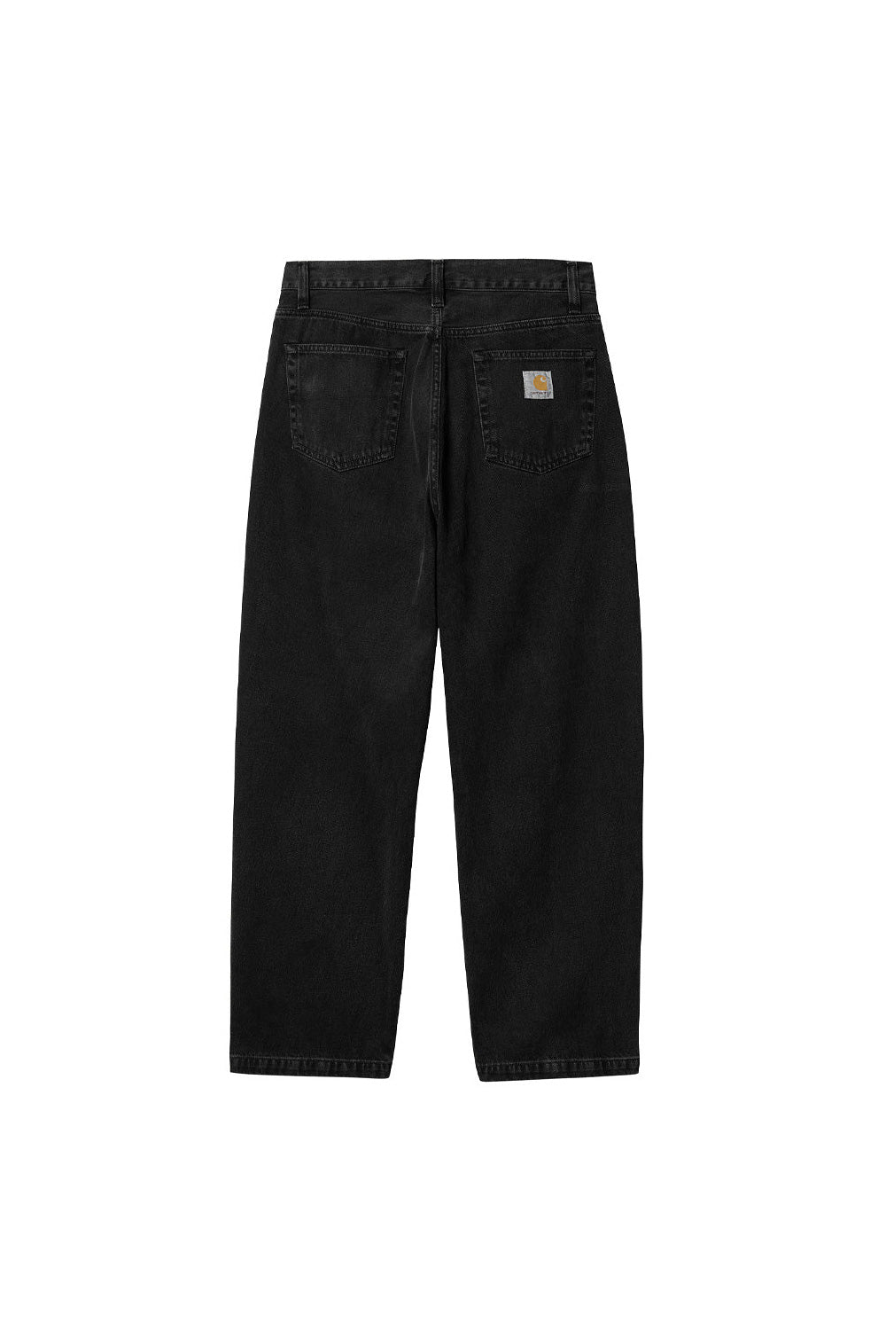"Rückansicht der Carhartt WIP Landon Baggy Pant in Black Stone Washed – hochwertige Jeans mit aufgesetzten Gesäßtaschen und charakteristischem Carhartt-Logo-Patch"