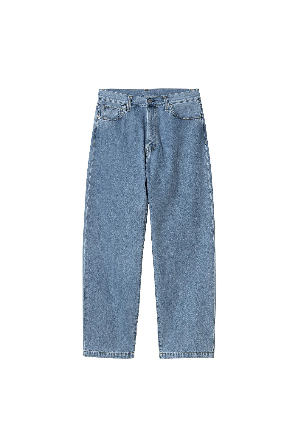 "Carhartt WIP Landon Baggy Pant in Blau, Heavy Stone Washed – Vorderansicht mit lockerem, konisch zulaufendem Schnitt und regulärer Bundhöhe"