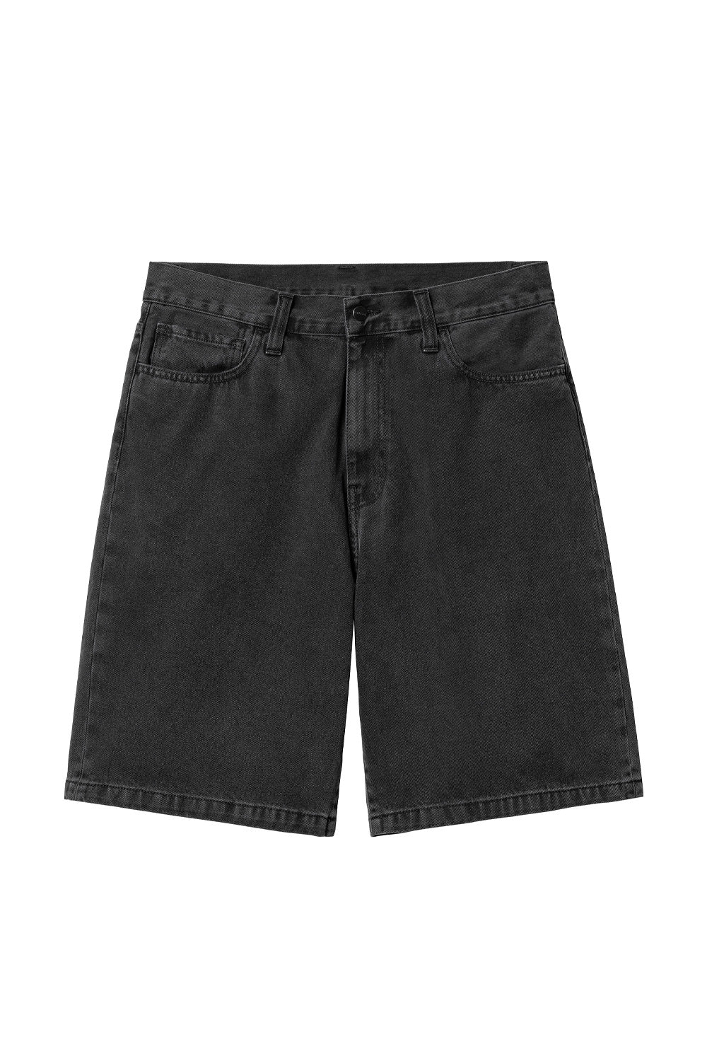 Vorderansicht der Carhartt WIP Landon Short in Black Stone Washed – klassische Shorts mit großen Utility-Taschen und minimalistischer Ästhetik