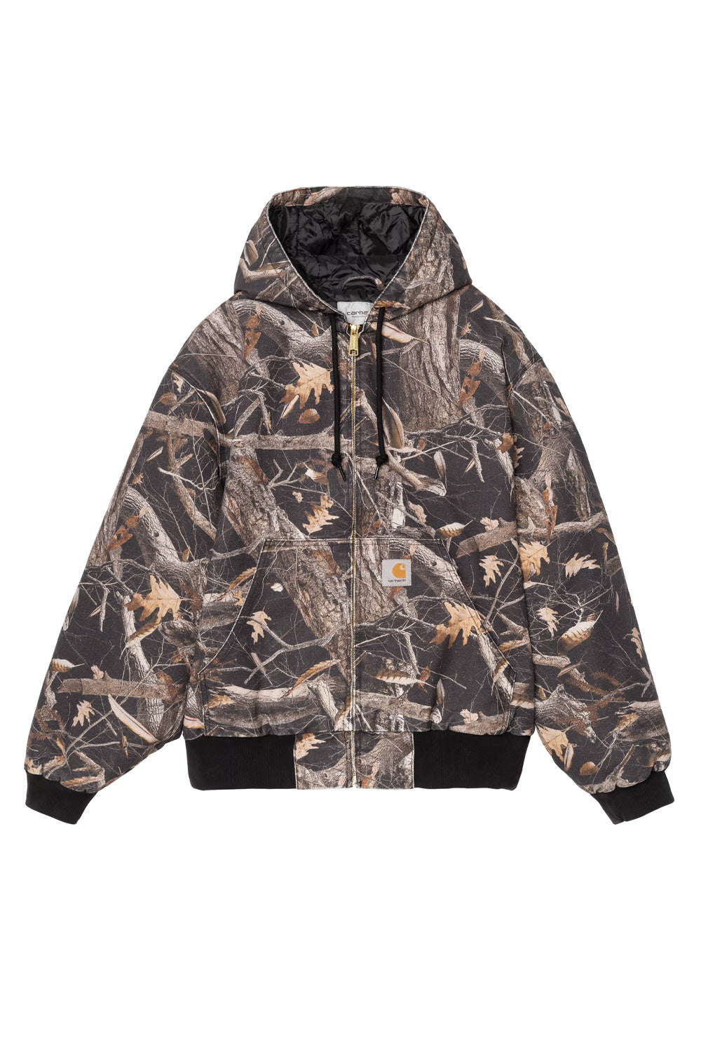 Front flat lay view of the Carhartt WIP OG Active Jacket in Camo Feather Tree and Black heavy stone washed Dearborn canvas, featuring a loose boxy OG fit silhouette with an allover realistic woodland camouflage tree branch and oak leaf pattern, full brass zip front closure, adjustable hood with black drawstrings, split kangaroo pouch pocket, black rib-knit hem and cuffs, and the classic square Carhartt woven logo label on the left pocket.