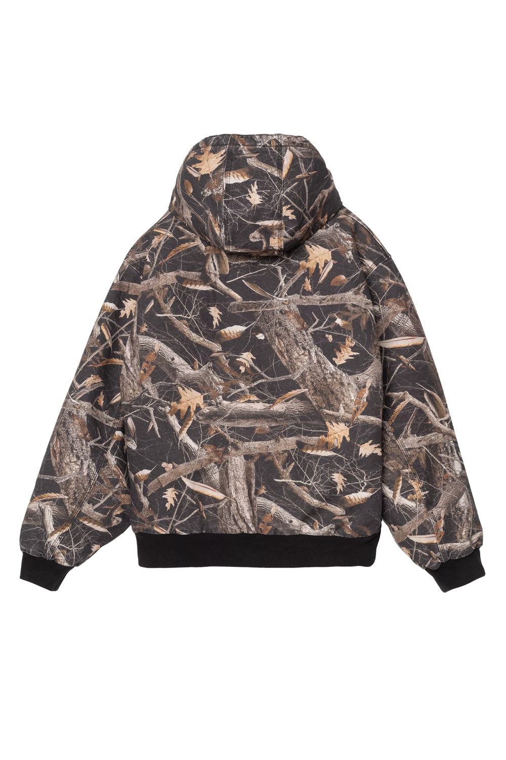 Back flat lay view of the Carhartt WIP OG Active Jacket in Camo Feather Tree, highlighting the seamless broad back panel showcasing the realistic autumnal tree bark and camouflage foliage print on heavyweight stone-washed cotton canvas, broad drop shoulders, contoured paneled hood, and wide black elasticated rib-knit waistband.