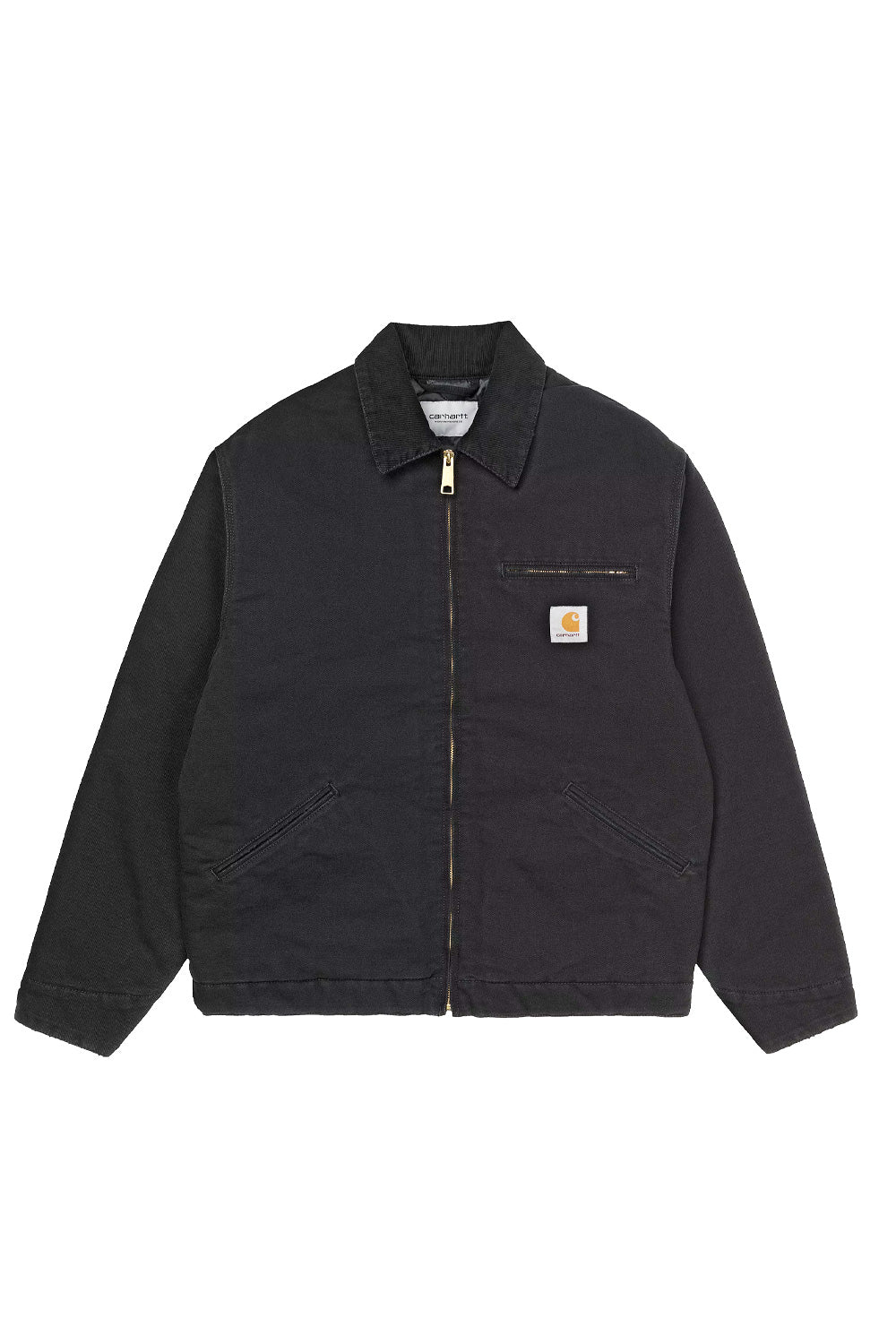 "Vorderansicht der Carhartt WIP OG Detroit Jacket in Black/Black Aged Canvas – funktionales Design mit Reißverschluss und kontrastierendem Kragen"