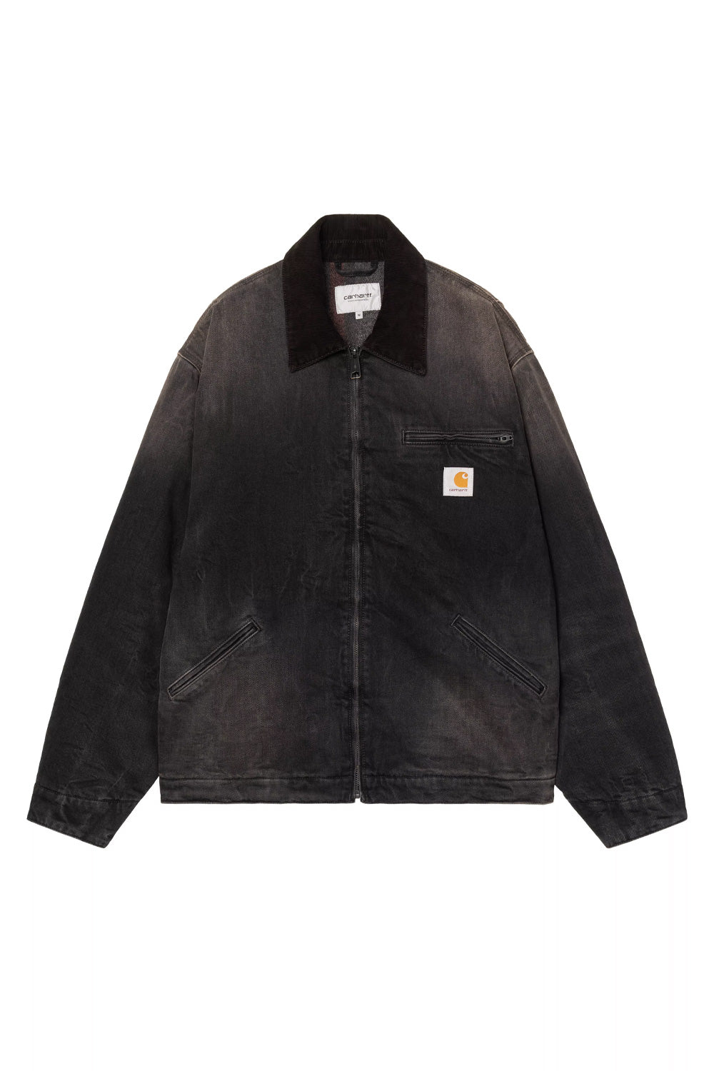 Front flat lay view of the Carhartt WIP OG Detroit Jacket in Black / Tobacco Used Wash denim, showcasing a boxy loose workwear silhouette with a dark brown corduroy collar, full metal zip closure, zipped chest pocket, two welt front hand pockets, and the classic square woven logo patch on the left chest.