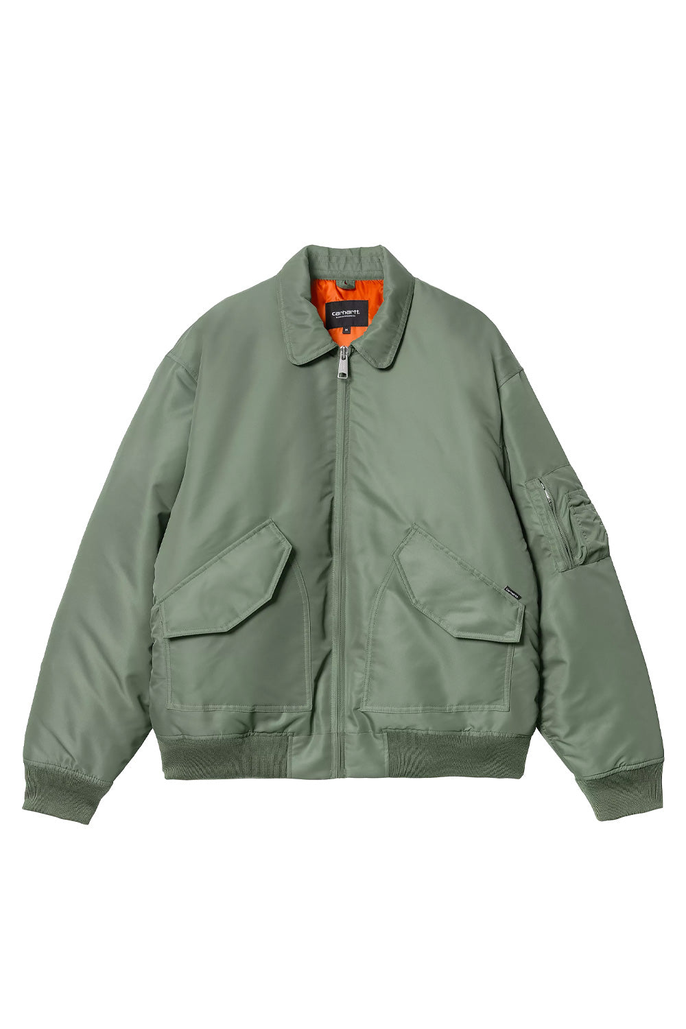 "Vorderansicht der Carhartt WIP Olten Bomber Jacket in Duck Green/Turmeric – klassisches Bomberdesign mit auffälligen Kontrastdetails und Reißverschluss"