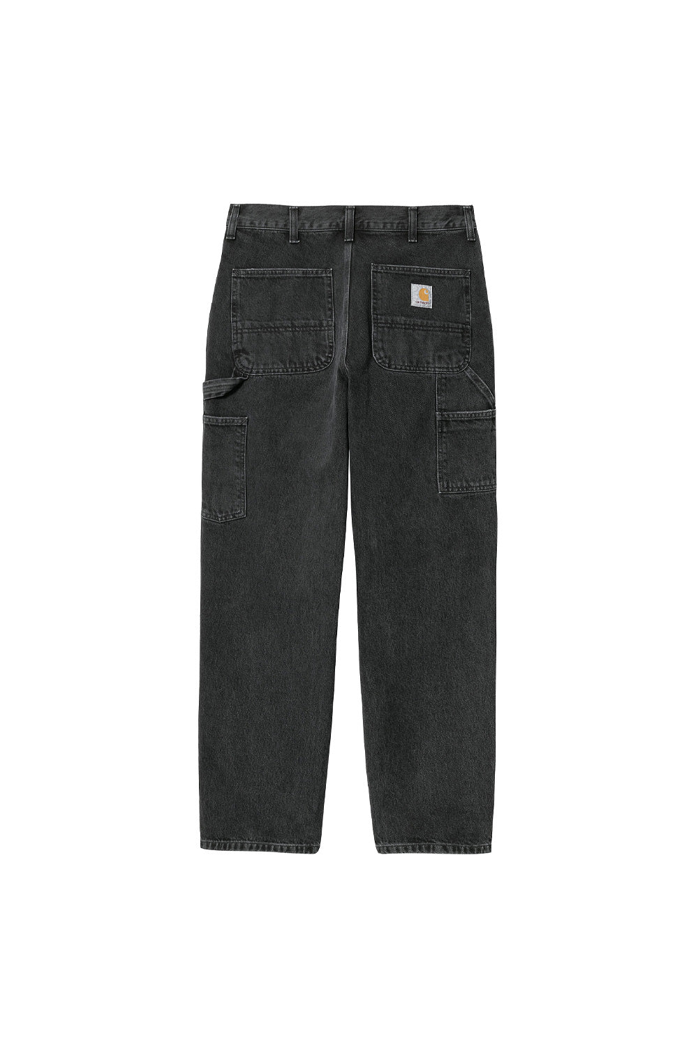 "Rückansicht der Carhartt WIP Single Knee Pant in Black Stone Washed – strapazierfähiger Canvas-Stoff mit aufgesetzten Gesäßtaschen und dezenter Logo-Applikation"