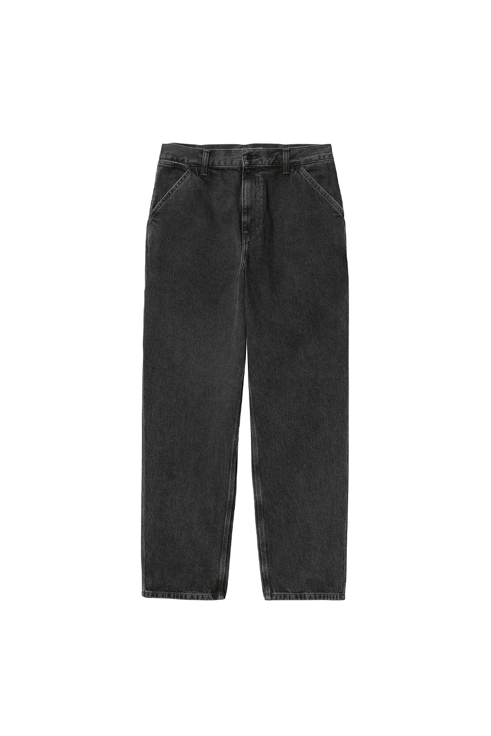 "Vorderansicht der Carhartt WIP Single Knee Pant in Black Stone Washed – funktionale Hose mit lockerer Passform und praktischen Werkzeugtaschen"