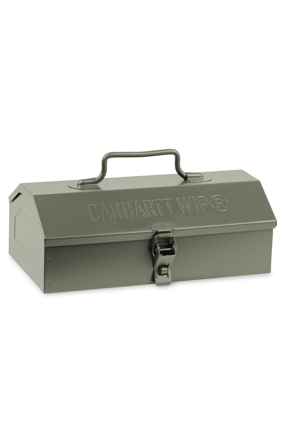 "Carhartt WIP Tour Tool Box in Smoke Green – robuste Werkzeugkiste aus Metall in modernem Grün mit praktischem Tragegriff und Carhartt-Logo"