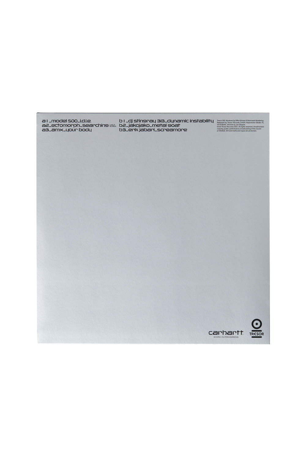 "Rückseite der Carhartt WIP x Tresor 030 – 313 Vinyl Record – Tracklist und Details zu den exklusiven Techno-Tracks auf der Schallplatte"