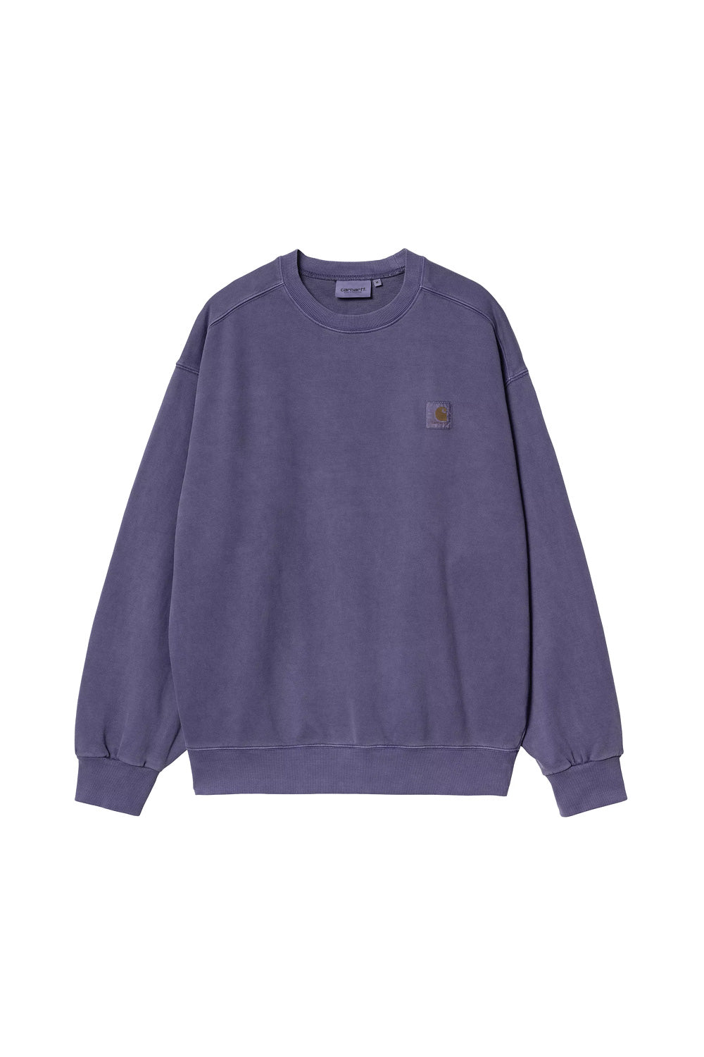 "Vorderansicht des Carhartt WIP Vista Sweat in Aura – minimalistisch gestaltetes Sweatshirt mit gesticktem Logo und klassischem Rundhalsausschnitt"