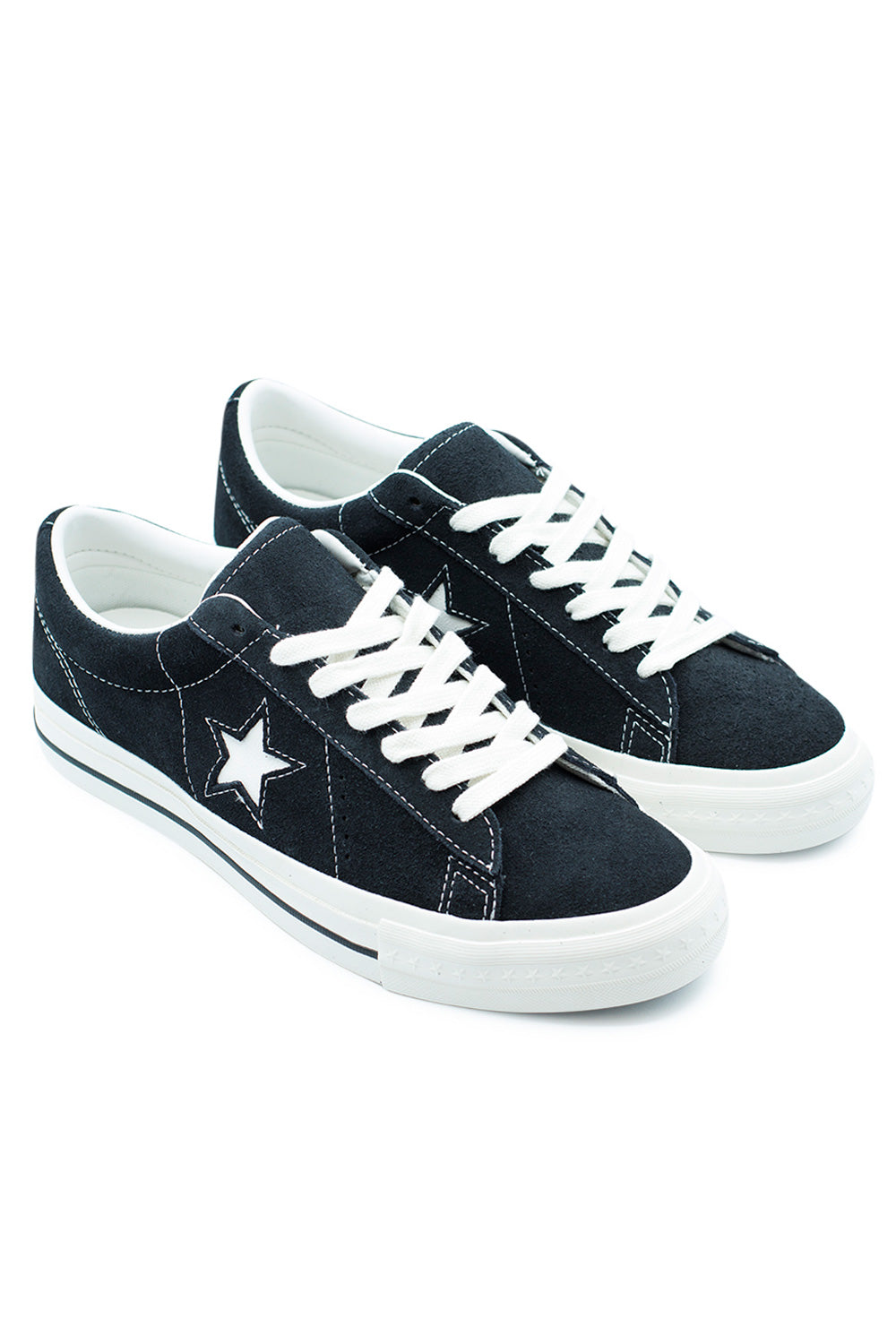 Side view of Converse One Star 95 OX Shoe Black Vintage White, 90s-inspired suede sneaker featuring iconic cut-out star and vintage detailing.