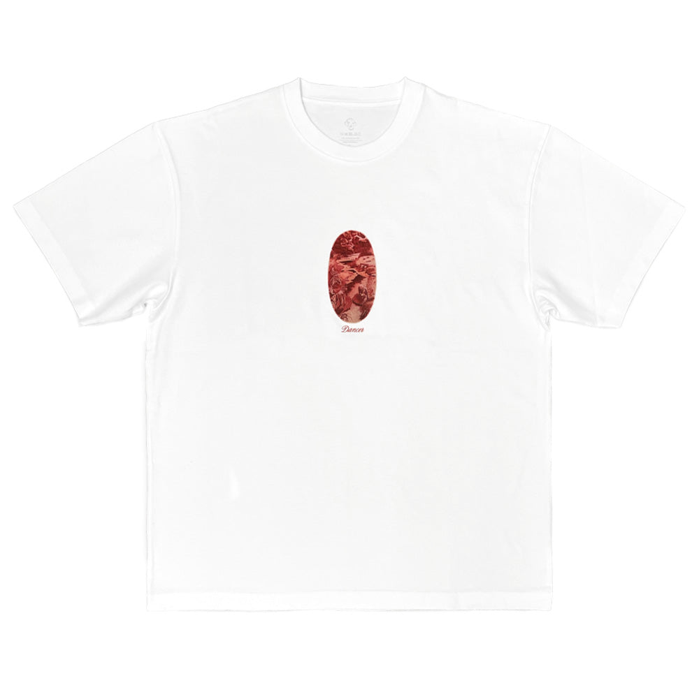 Front flat lay studio view of the Dancer Safe Space T-Shirt in crisp white, showcasing a relaxed boxy-fit short-sleeve skate tee made from soft cotton jersey, featuring a clean ribbed crewneck collar, straight hemline, and a compact centered chest graphic featuring a vertical oval red landscape vignette positioned above delicate red cursive Dancer branding.