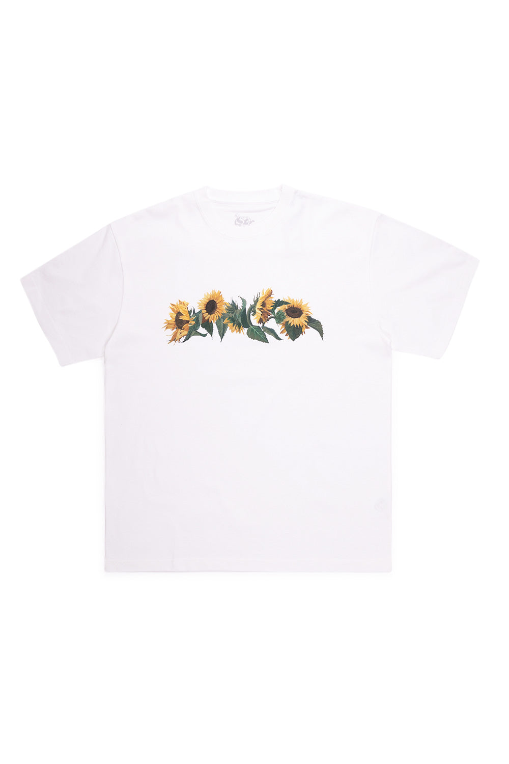 Dancer Sunflower T-Shirt White – Weißes T-Shirt aus 100 % Bio-Baumwolle mit 260 g/m² Jersey-Stoff, auffälligem Sonnenblumen-Print auf der Brust und nachhaltiger Herstellung in Portugal.