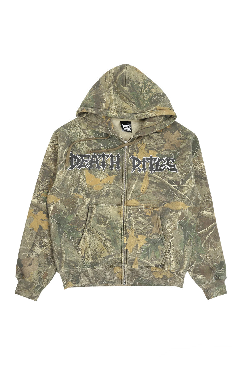 Full front view of the loose-fitted Death Rites zip hooded sweater featuring an all-over camouflage tree pattern and a bold metal-style brand script logo printed across the chest.