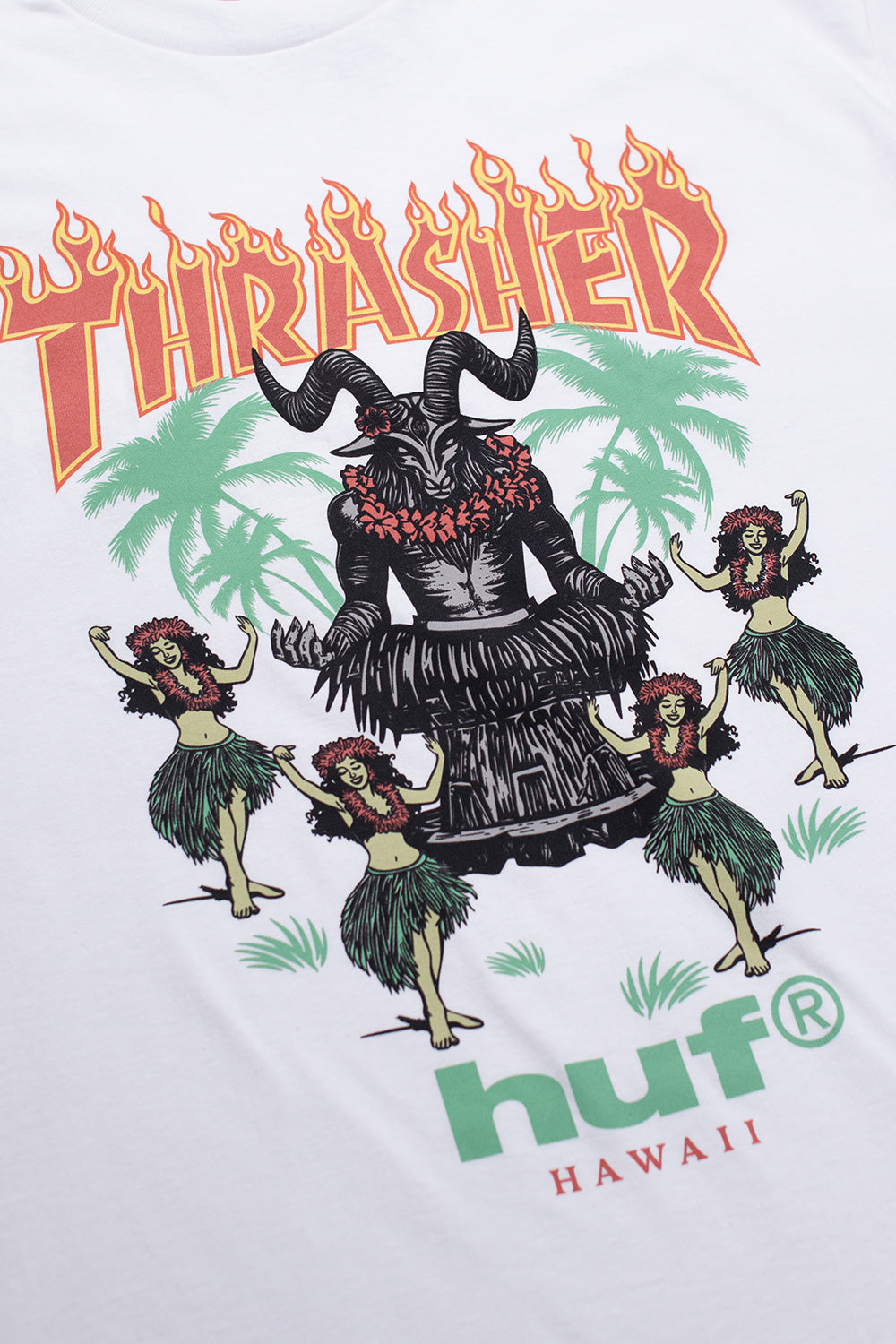 White HUF Thrasher Goat Luau graphic T-shirt, Mexico-made skate tee with tropical goat design from the exclusive capsule collection.