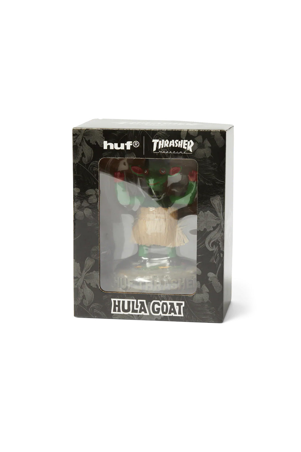 Exclusive HUF Thrasher Hula Goat bobblehead, small skate culture figure with wobbling head action and bold capsule collection styling.