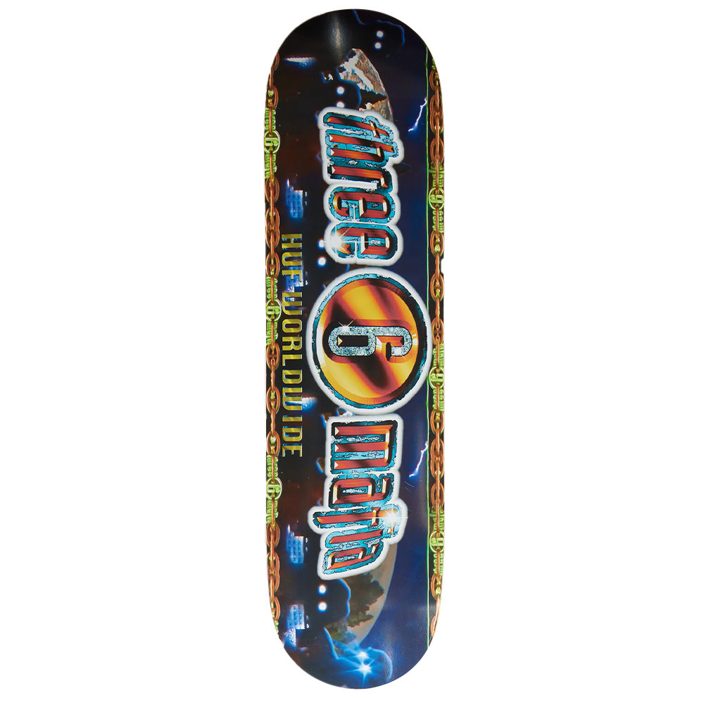 Bottom graphic view of the Huf X Three 6 Mafia skateboard deck, showcasing an airbrushed Y2K rap album aesthetic with metallic chrome and orange-tinted "three 6 mafia" lettering centered around a circular 6 badge, flanked by ornate gold chain side borders, planet earth, lightning bolt cosmic backdrop, and metallic yellow "HUF WORLDWIDE" branding.