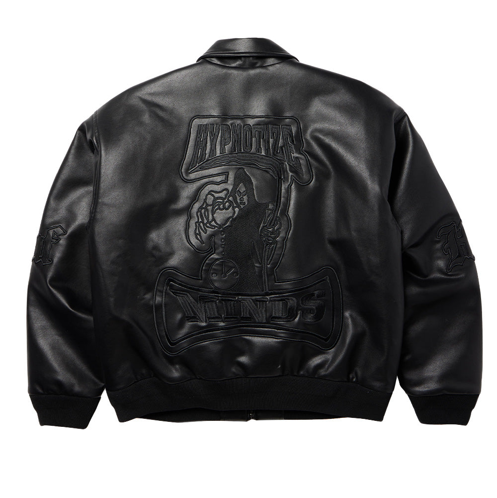 Back flat lay view of the black Huf X Three 6 Mafia faux leather jacket, featuring a tonal black stitched leather appliqué of the Hypnotize Minds grim reaper clutching an hourglass scythe emblem across arched banner text, with gothic HUF sleeve embroidery and a black ribbed waistband.