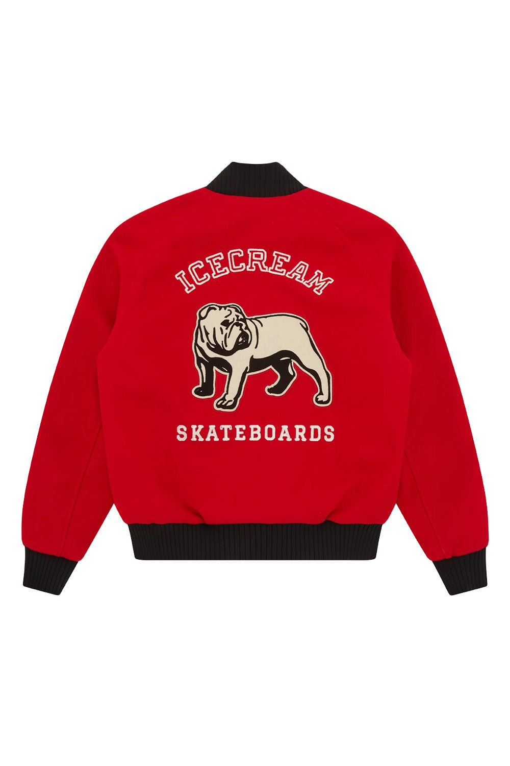 Rückansicht der IceCream Varsity Jacke mit gesticktem Logo und Bulldoggen-Patch – Hommage an urbane Streetwear-Ästhetik.