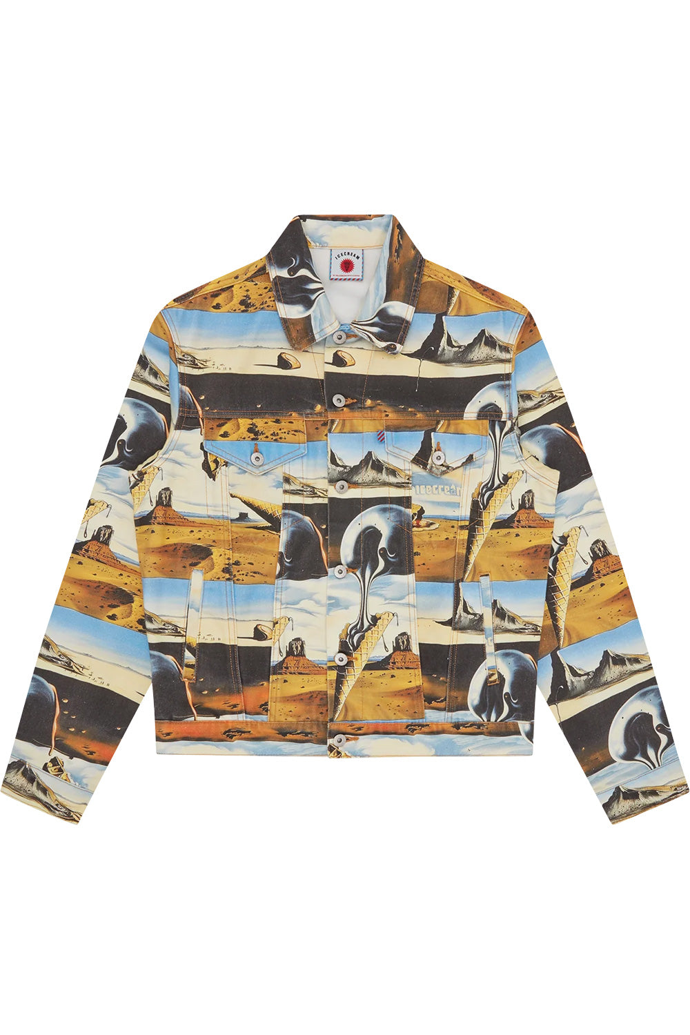 IceCream Dreamscape Trucker Jacket aus bedrucktem Denim mit auffälligem Allover-Print – Streetwear mit künstlerischem Anspruch.