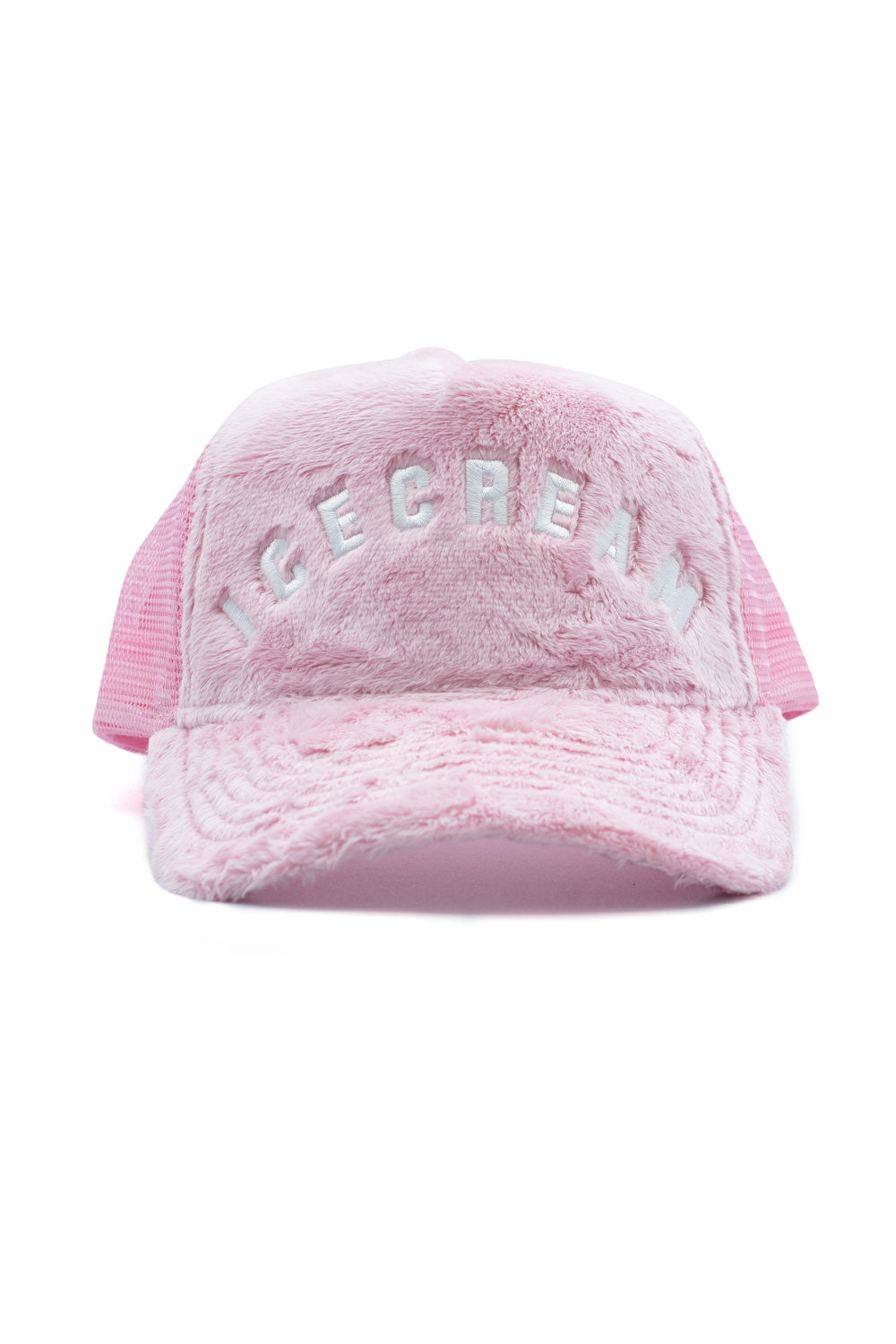 Ice Cream pink fur trucker cap with bold logo, perfect for casual streetwear style