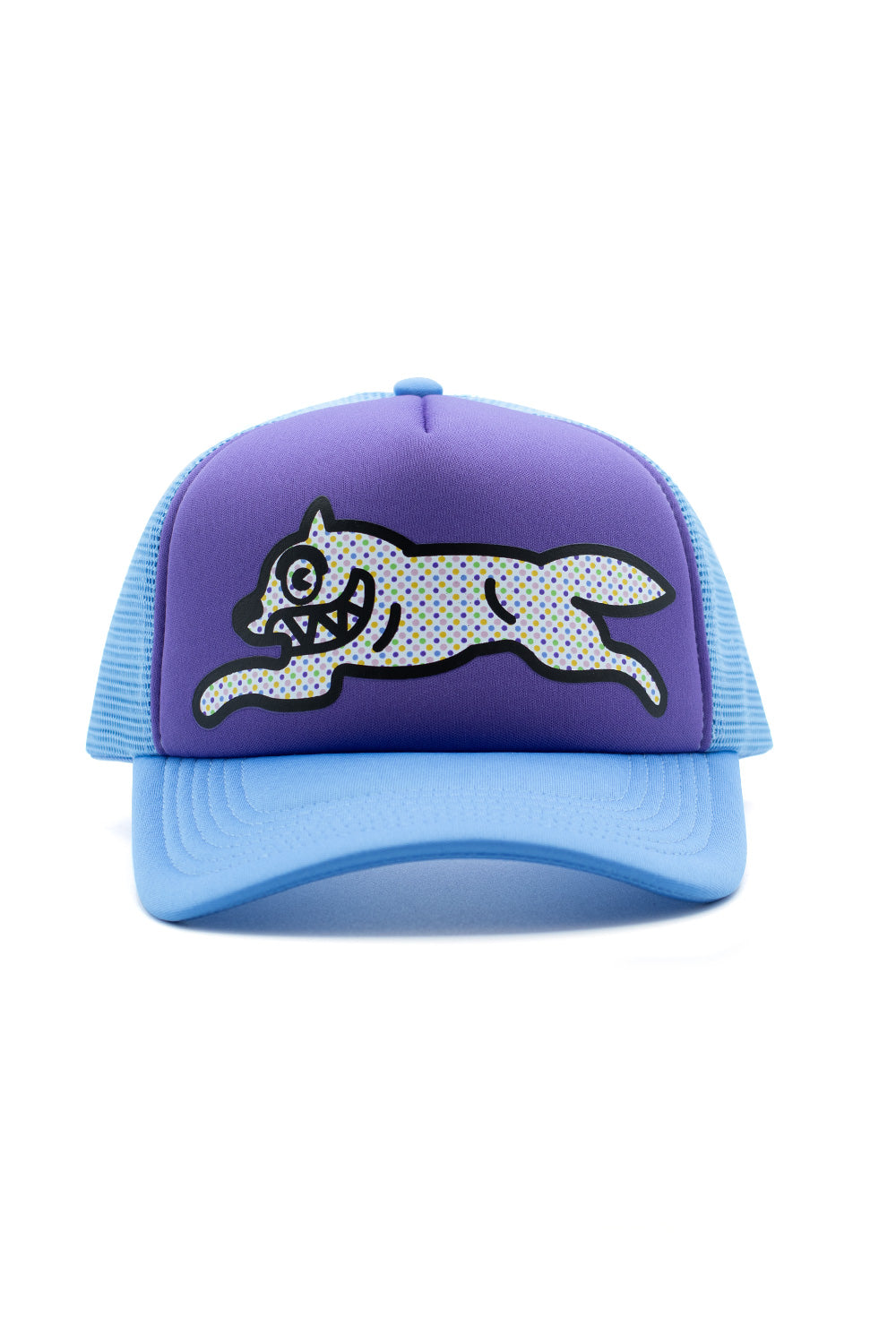 IceCream Polka Dot Running Dog Trucker Cap in Lila – Stylische Streetwear-Cap mit ikonischem Hundemotiv.