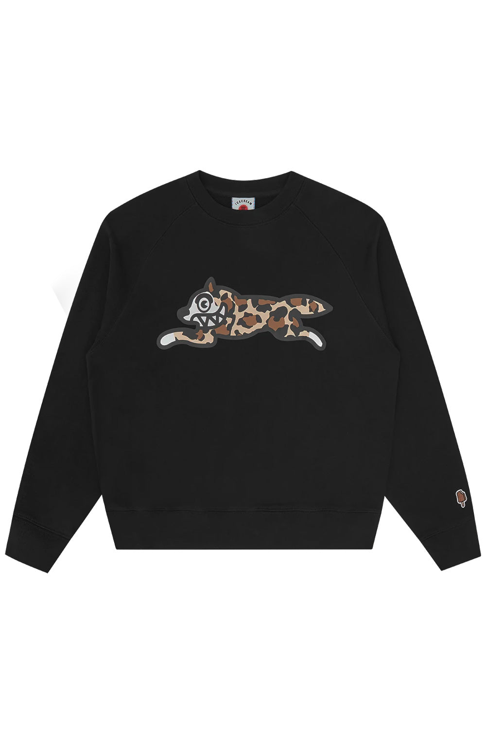 Ice Cream Running Dog black crewneck sweatshirt with bold leopard print accents