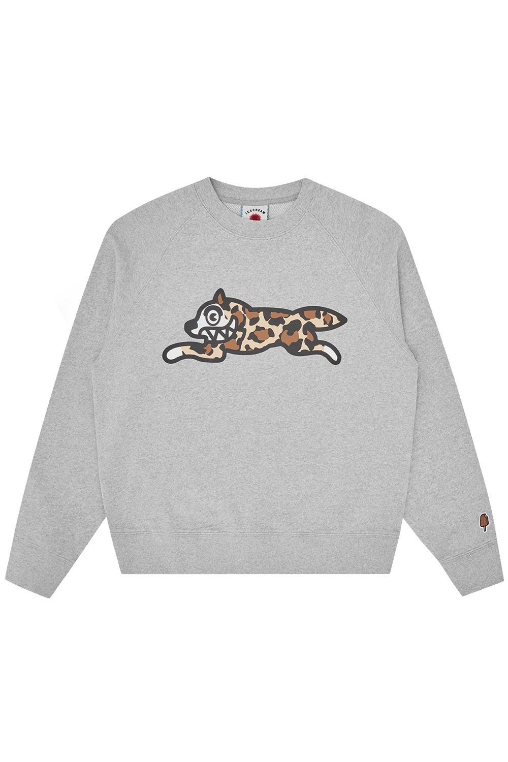 Ice Cream Running Dog crewneck sweatshirt in heather grey with bold leopard print accents