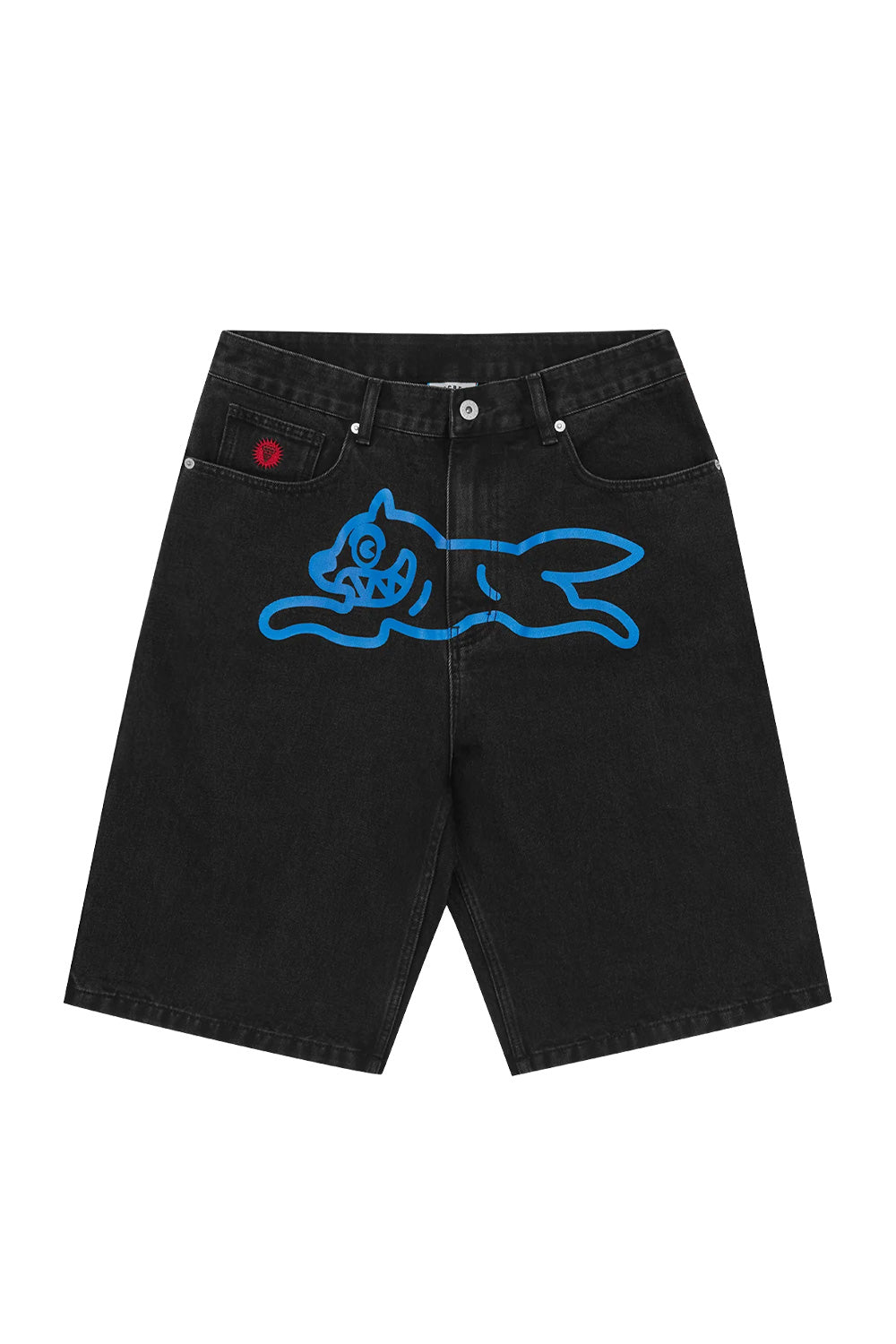 Vorderansicht der IceCream Denim Shorts mit ikonischem Running Dog Print – markantes Streetwear-Statement.