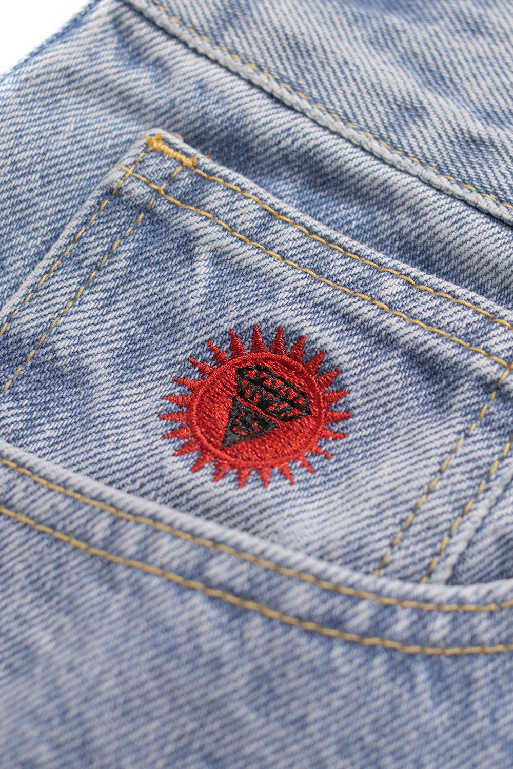 Stylish Ice Cream Running Dog denim shorts with red logo print in light blue wash