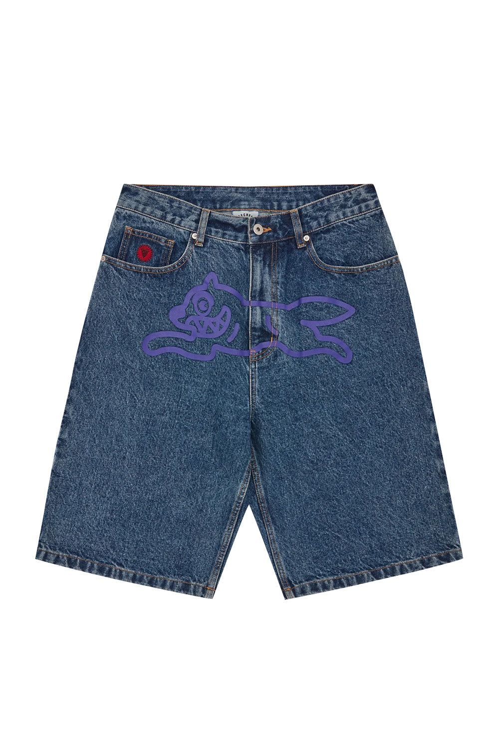 Vorderansicht der IceCream Shorts mit lila Running Dog Print auf hellblauem Denim – ikonisches Design trifft Skate-Attitude.