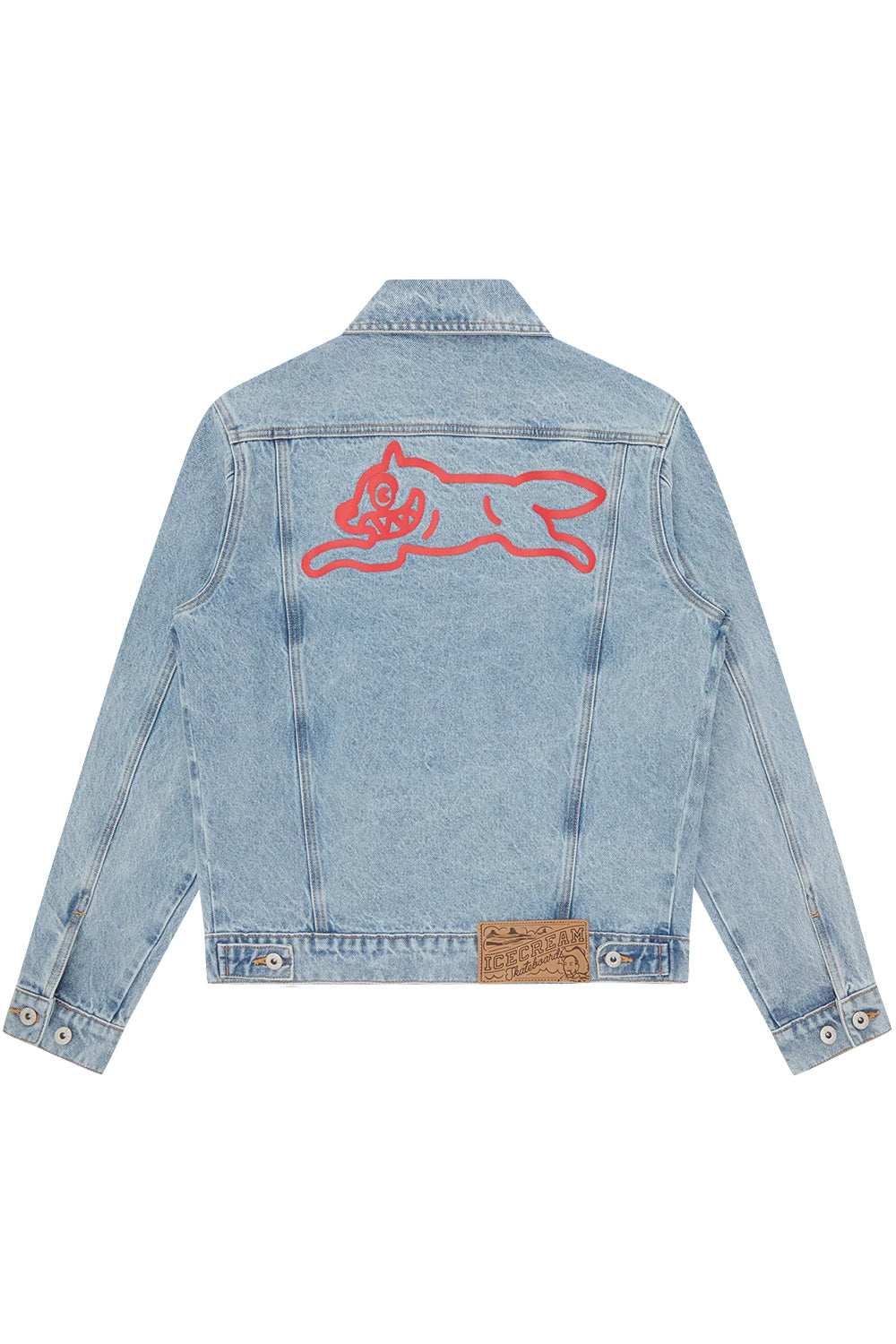 Ice Cream Running Dog Denim Trucker Jacket in light wash blue with bold red print