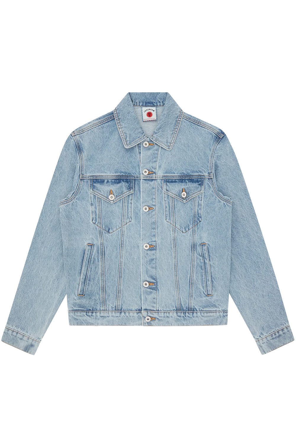 Street-style Ice Cream denim trucker jacket with red running dog graphic, light wash