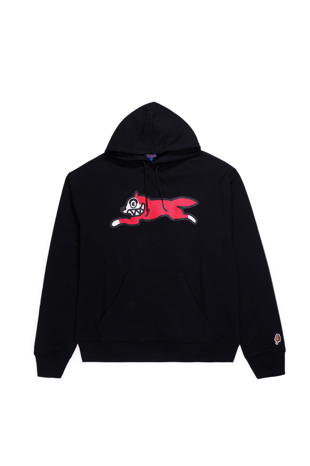 Ice Cream Running Dog black popover hoodie with bold red graphic print for casual style