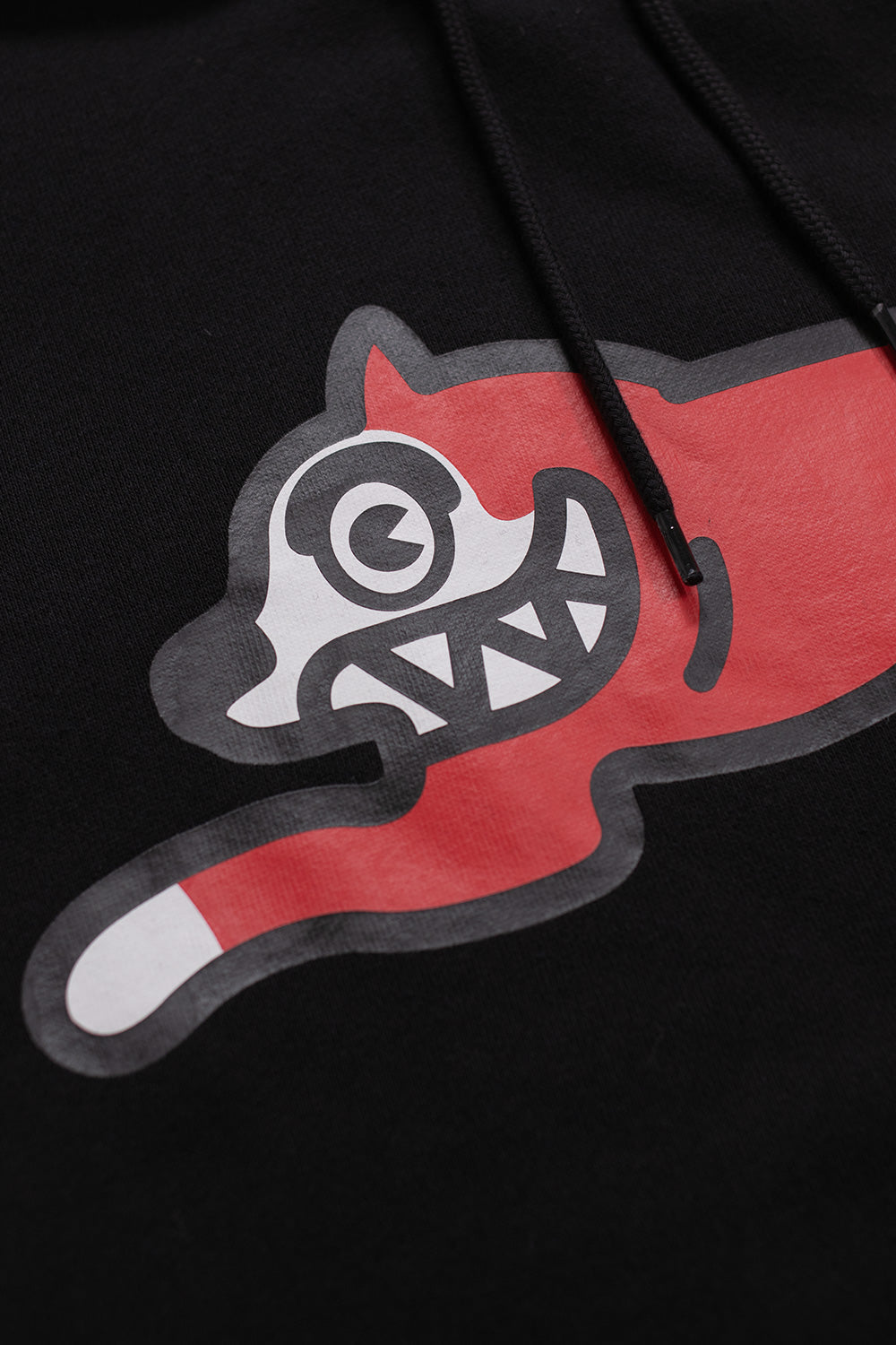 Trendy black Ice Cream hoodie with red Running Dog logo design for street fashion