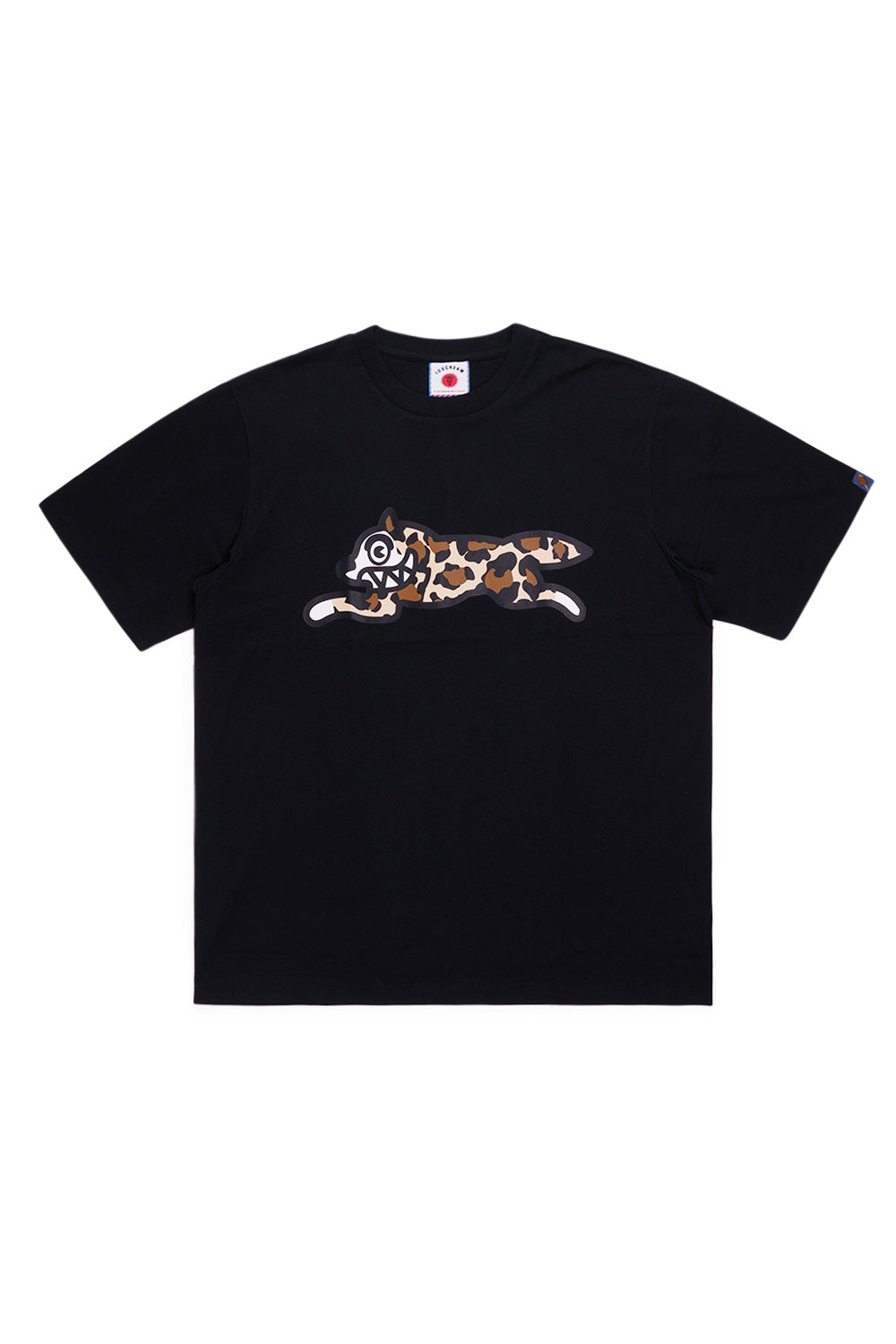 Ice Cream Running Dog T-shirt in black with bold leopard print graphic for street style