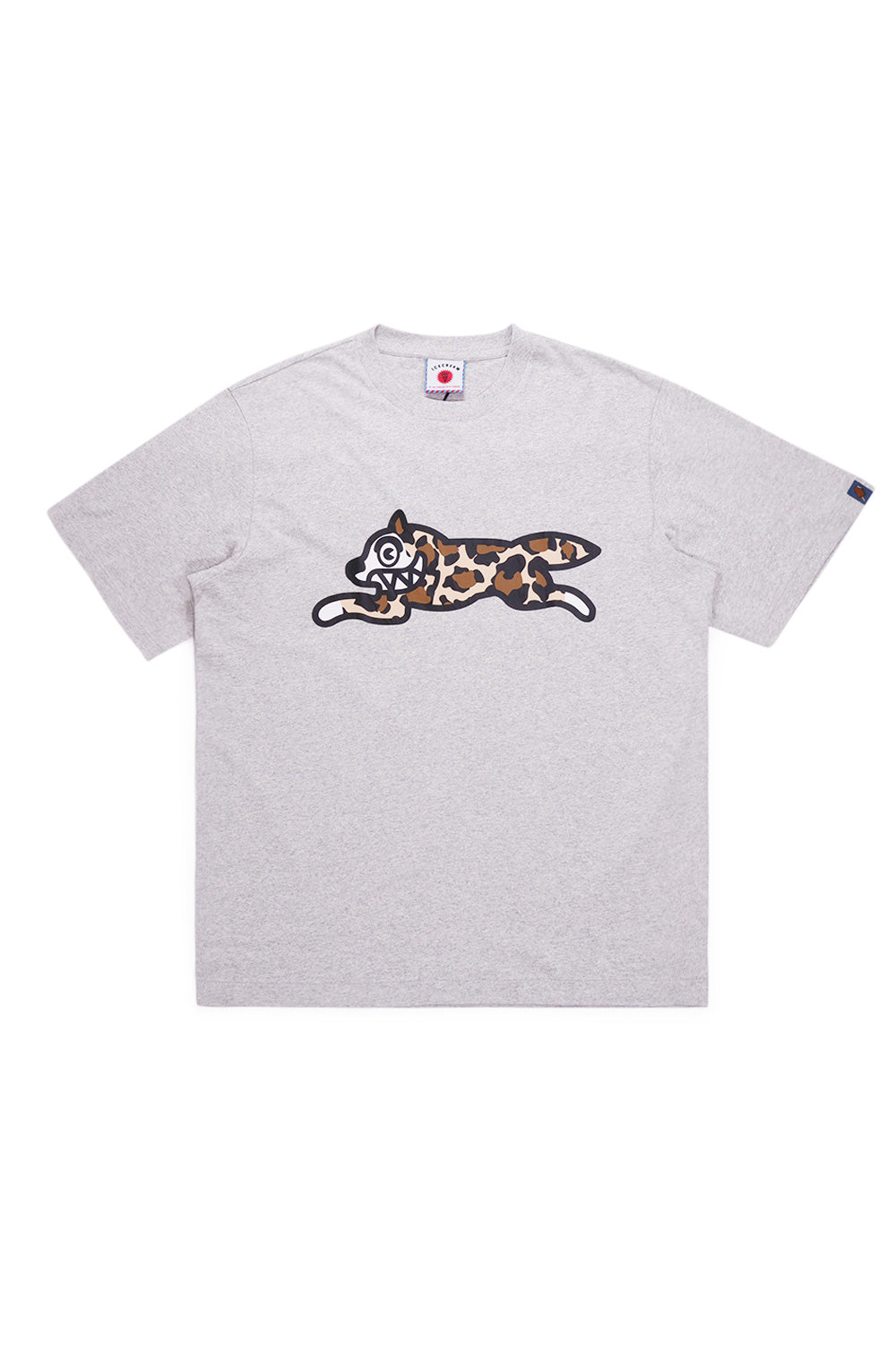 Ice Cream Running Dog T-shirt in heather grey with bold leopard print design