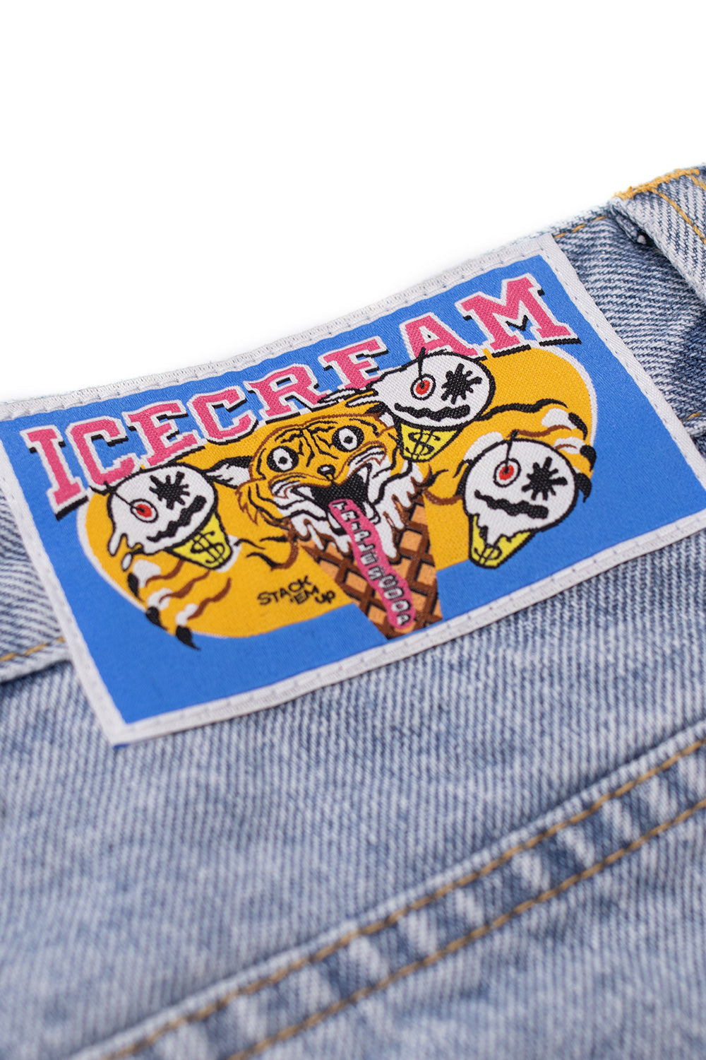 IceCream Running Dog Tripple Scoop Baggy Denim Pant Heavy Wash Blue (White Print) - BONKERS