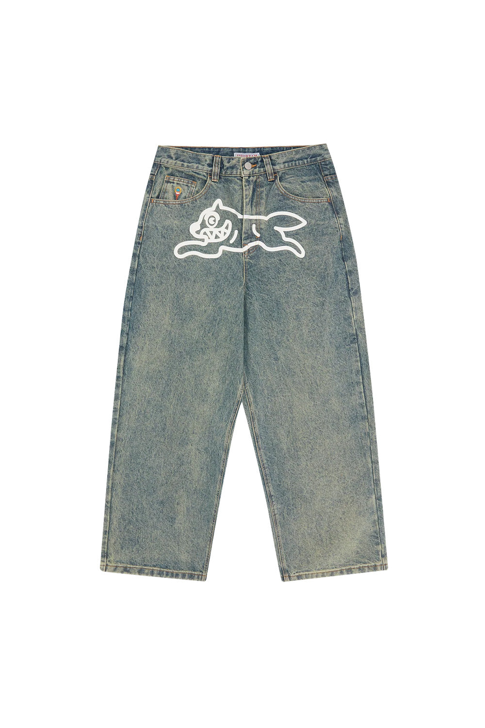 IceCream Running Dog Tripple Scoop Baggy Denim Pant Vintage Wash (White Print) - BONKERS