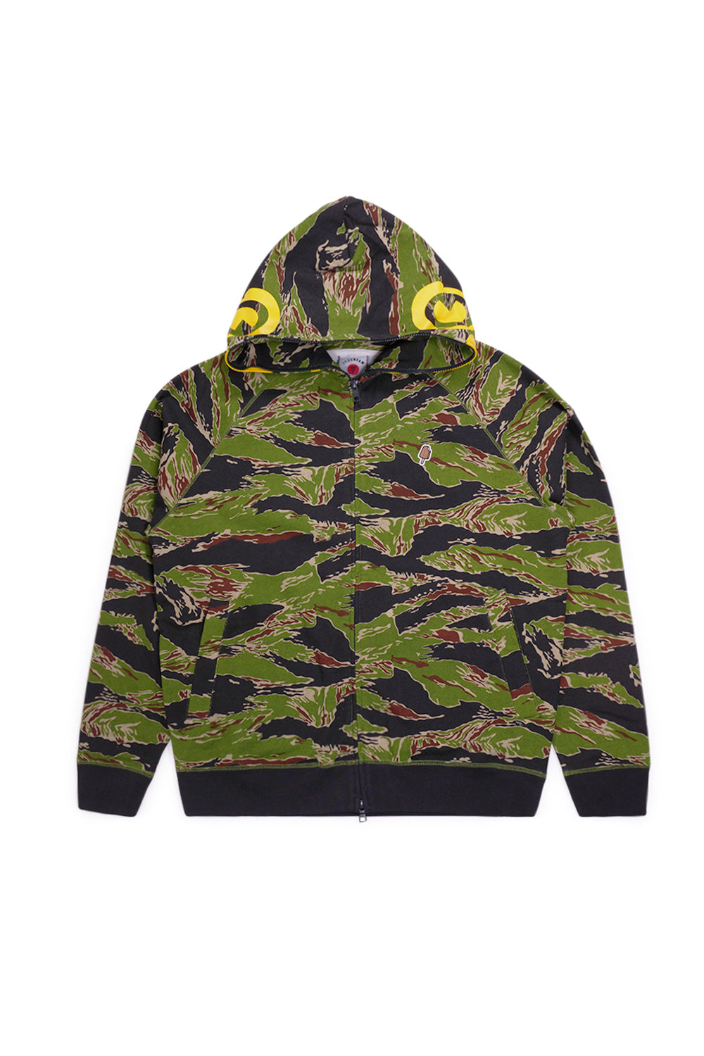 IceCream Smiley Tiger Stripe Full Zip-Through Hood in green camo with yellow hood graphics, Pharrell Williams streetwear zip hoodie made from mid-weight 100% cotton.
