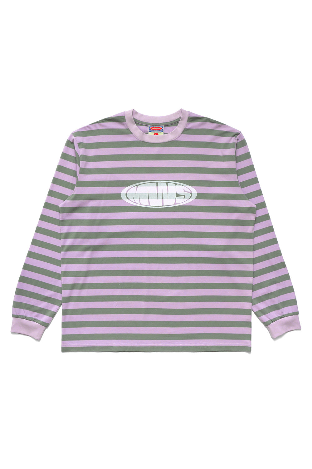 Metalwood Studio Bulge Logo Long Sleeve T-Shirt in Pink and Green Stripes – retro golf-inspired skate streetwear top made from mid-weight cotton blend with oval chest graphic.