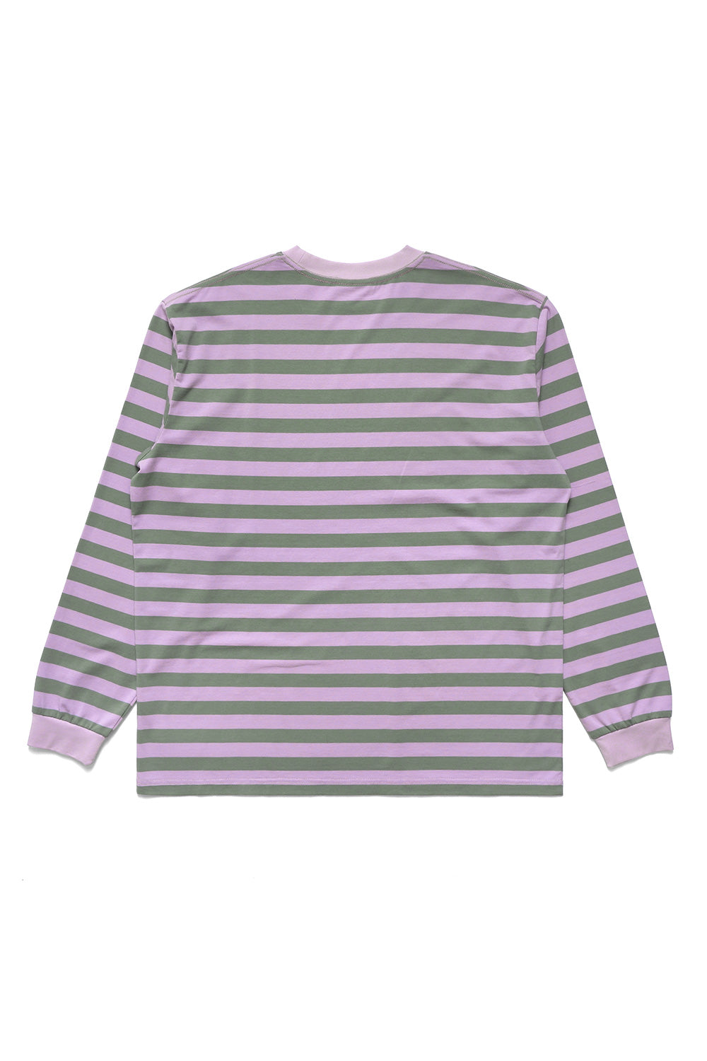 Back view of the Metalwood Studio Pink and Green striped long sleeve shirt – premium cotton blend LS tee featuring vintage golf and skate culture design.”