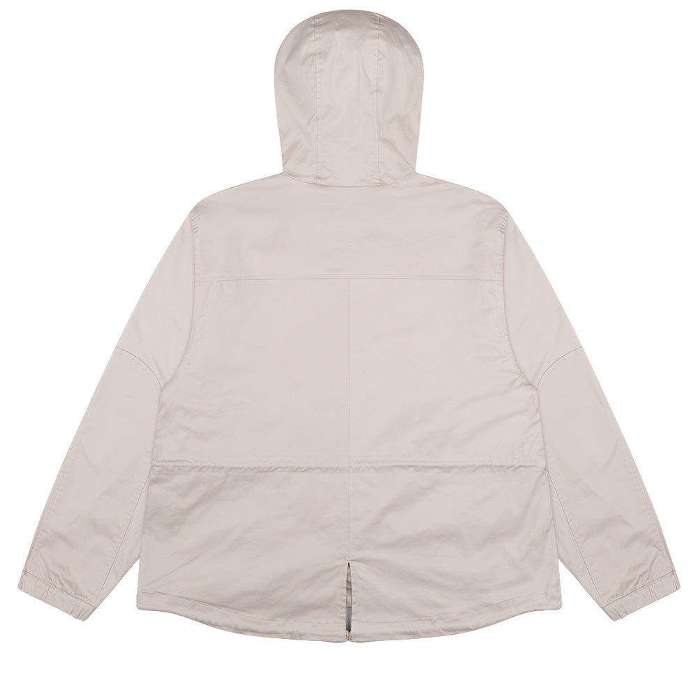 Back flat lay studio perspective of the Stone-colored Metalwood Studio Cotton Twill Parka, displaying the horizontal shoulder yoke line, central vertical back seam, panelled hood, dropped shoulders, internal waist cinch tunnel, and a classic military-inspired fishtail split hem.